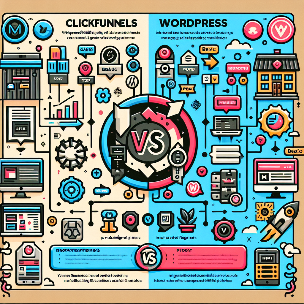 A vibrant and colorful illustrated comparison of ClickFunnels and WordPress featuring various icons, symbols, and text indicating a variety of features and functionalities associated with each platform, with a central "VS" (versus) symbol indicating a head-to-head matchup.