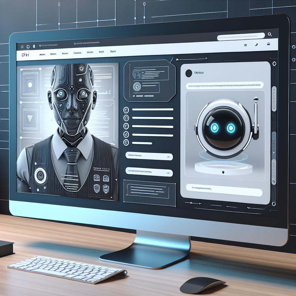 Illustration of a futuristic computer interface displaying a humanoid robot and a spherical robotic assistant on the screen, with a stylish desktop setup featuring a keyboard and mouse.