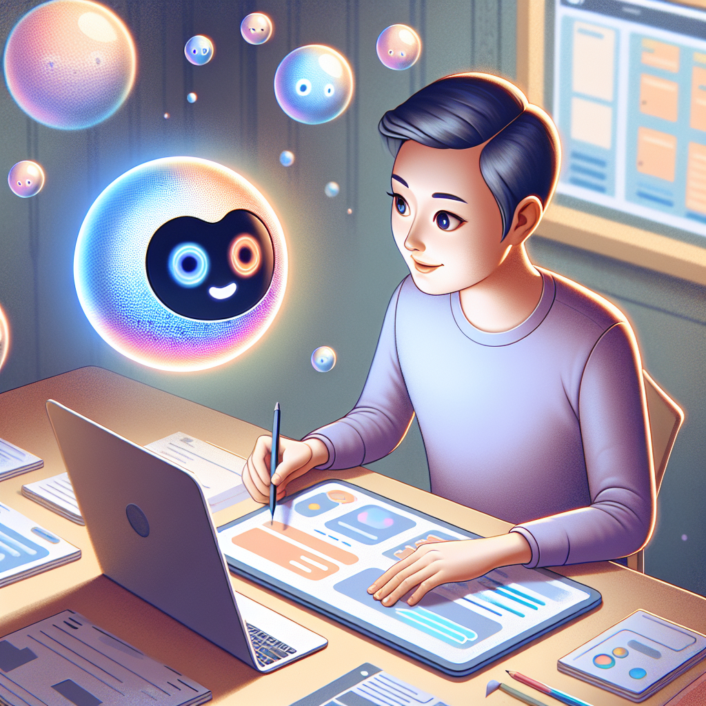 An animated image of a person working on a digital tablet in an office environment, surrounded by floating, colorful orb-like creatures with expressive faces.