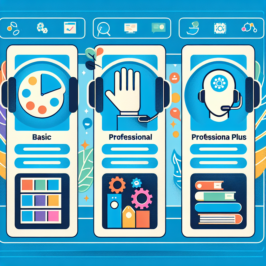 Flat design illustration of three mobile phones displaying service package options labeled Basic, Professional, and Professional Plus, each with distinctive icons and features.