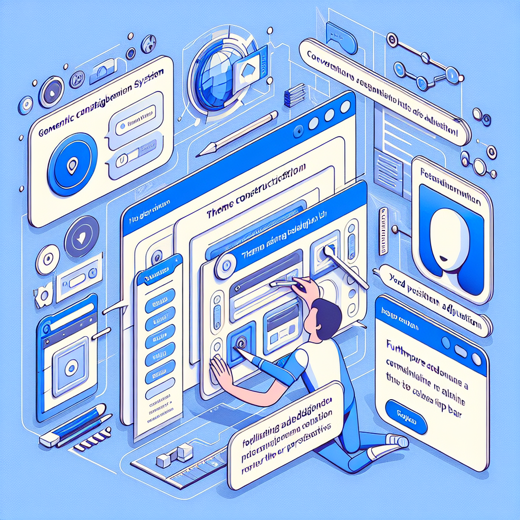 An isometric illustration depicting a person interacting with various futuristic interface elements and devices, all in a cohesive blue and white color scheme.