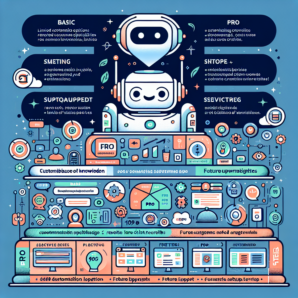 Illustration featuring a stylized depiction of a robot surrounded by various technological and schematic icons, with sections labeled in a non-English language, dividing features into Basic and Pro categories.