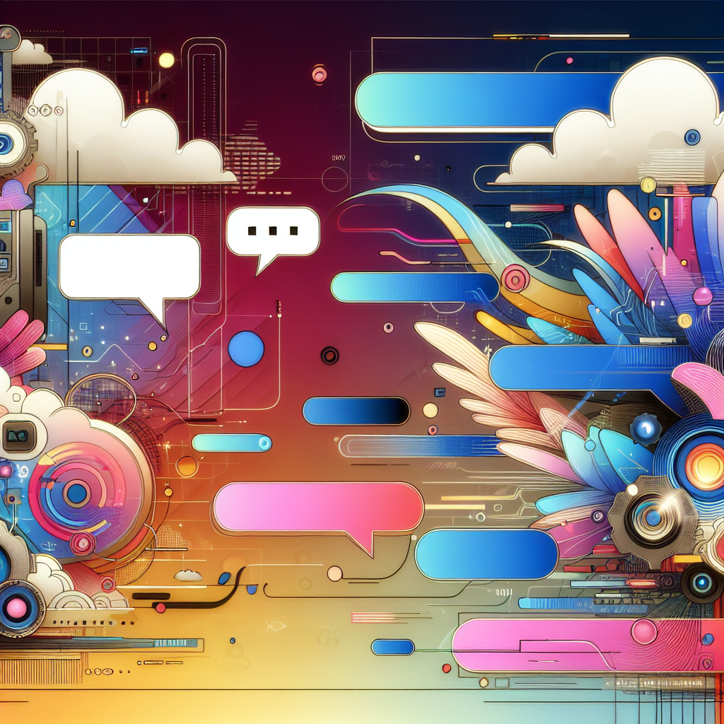 Abstract digital artwork with vibrant colors, featuring various shapes, speech bubbles, and dynamic lines, suggesting a techno-communication theme.