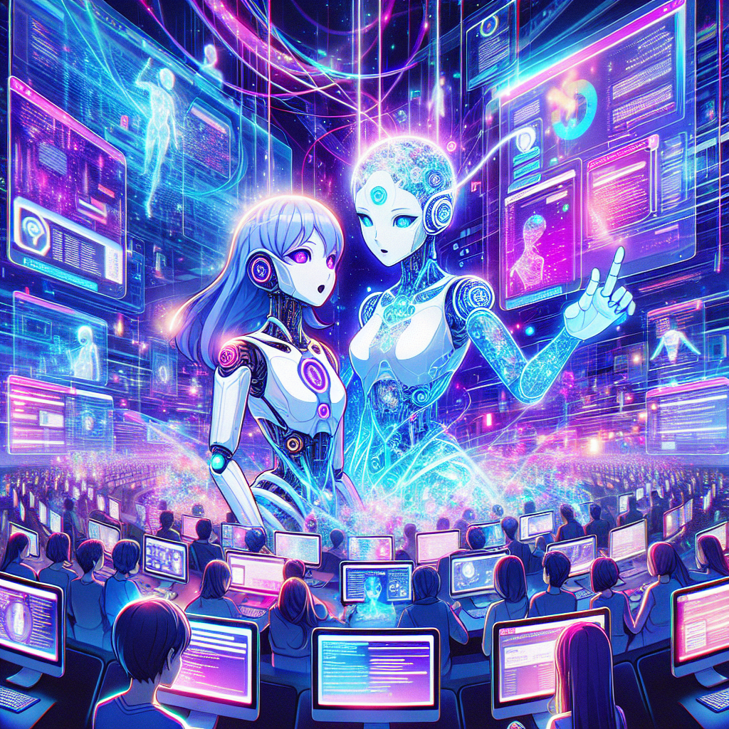 A vibrant illustration of humanoid robots and individuals operating computers in a futuristic command center glowing with digital screens and holograms.