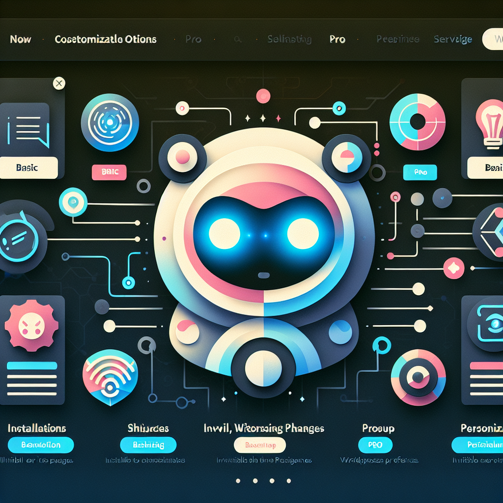 An intricately designed digital illustration featuring a central robotic character with a circular head and large eyes, surrounded by various abstract tech-themed icons and elements on a dark background.