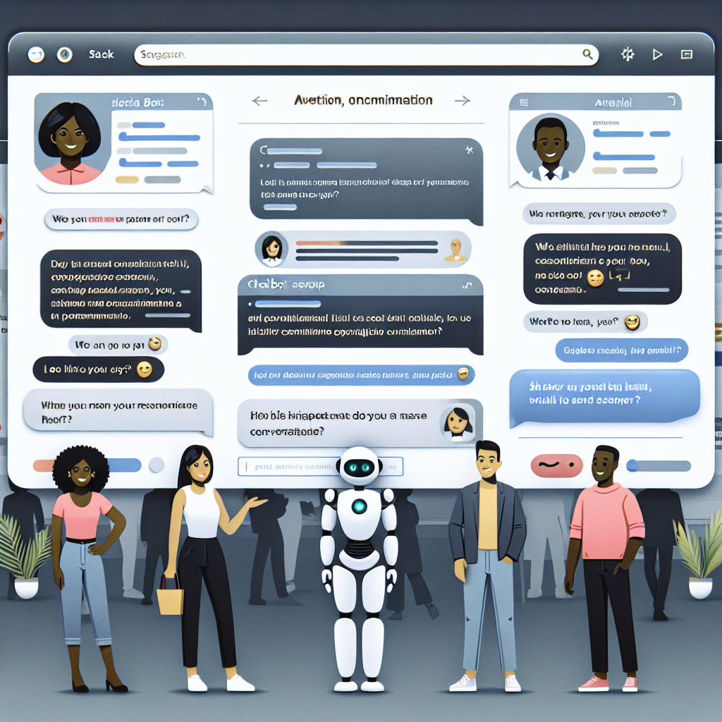 An illustration showing a group of diverse people and a robot engaged with different digital communication platforms on various virtual screens.