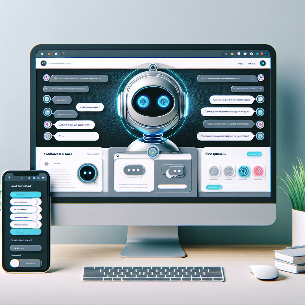 A digital illustration of a desktop computer interface featuring an anthropomorphic robot in the center, along with a smartphone on the desk displaying a matching messaging app.