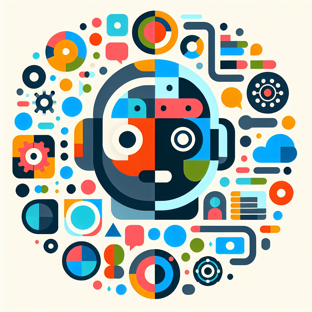 Abstract vector illustration of a humanoid face comprised of various geometric shapes and colorful patterns amid a complex background of symbols and icons.