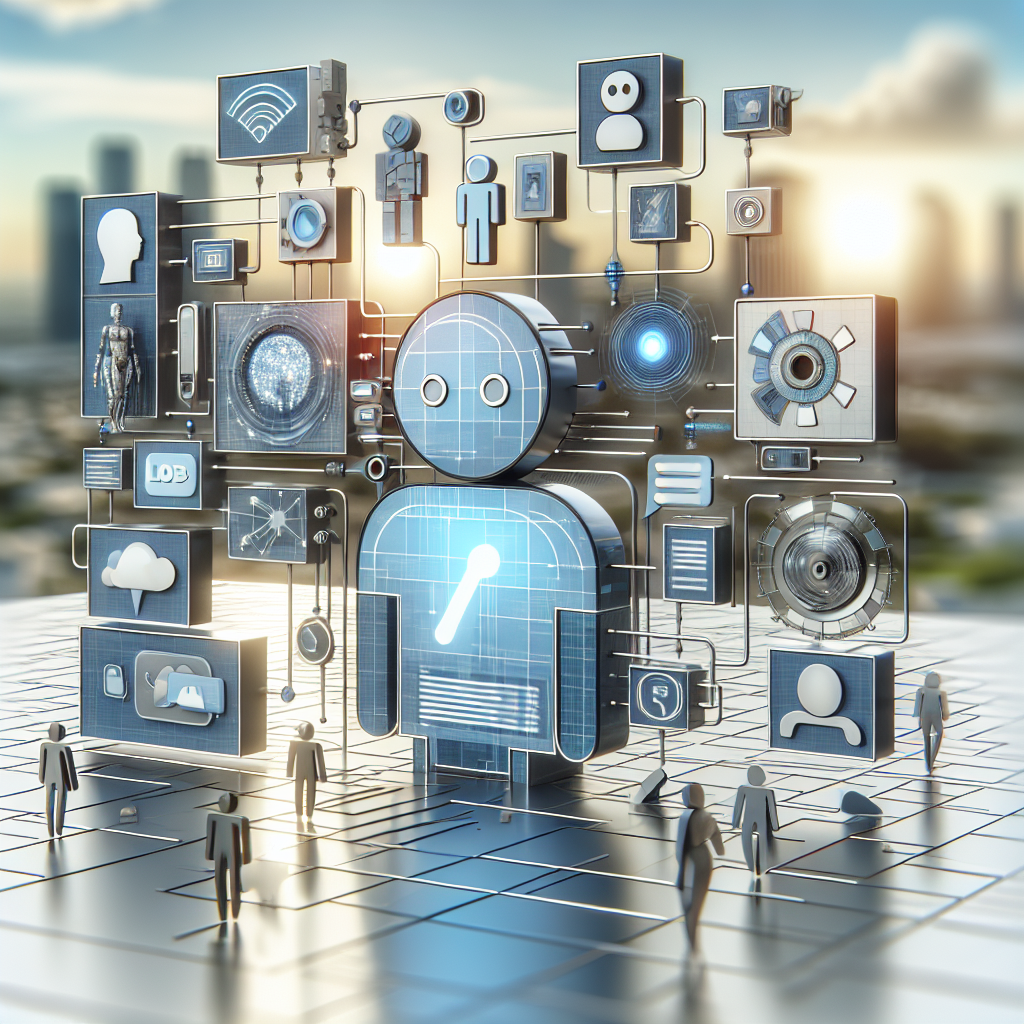 Digital concept art showing a network of connected technology and multimedia icons with tiny human figures standing on a grid surface.