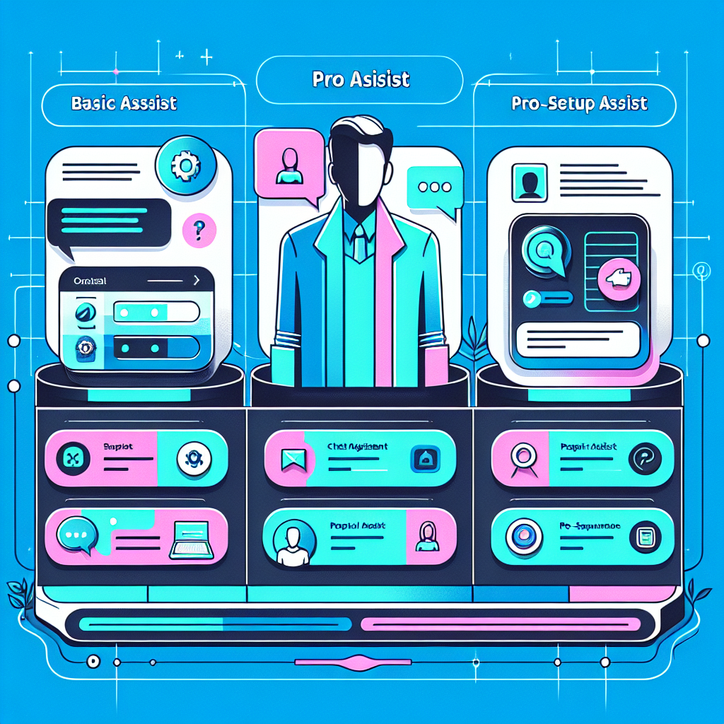 Illustration of a virtual assistant interface with various service options, featuring an abstract humanoid figure representing a professional assistant.