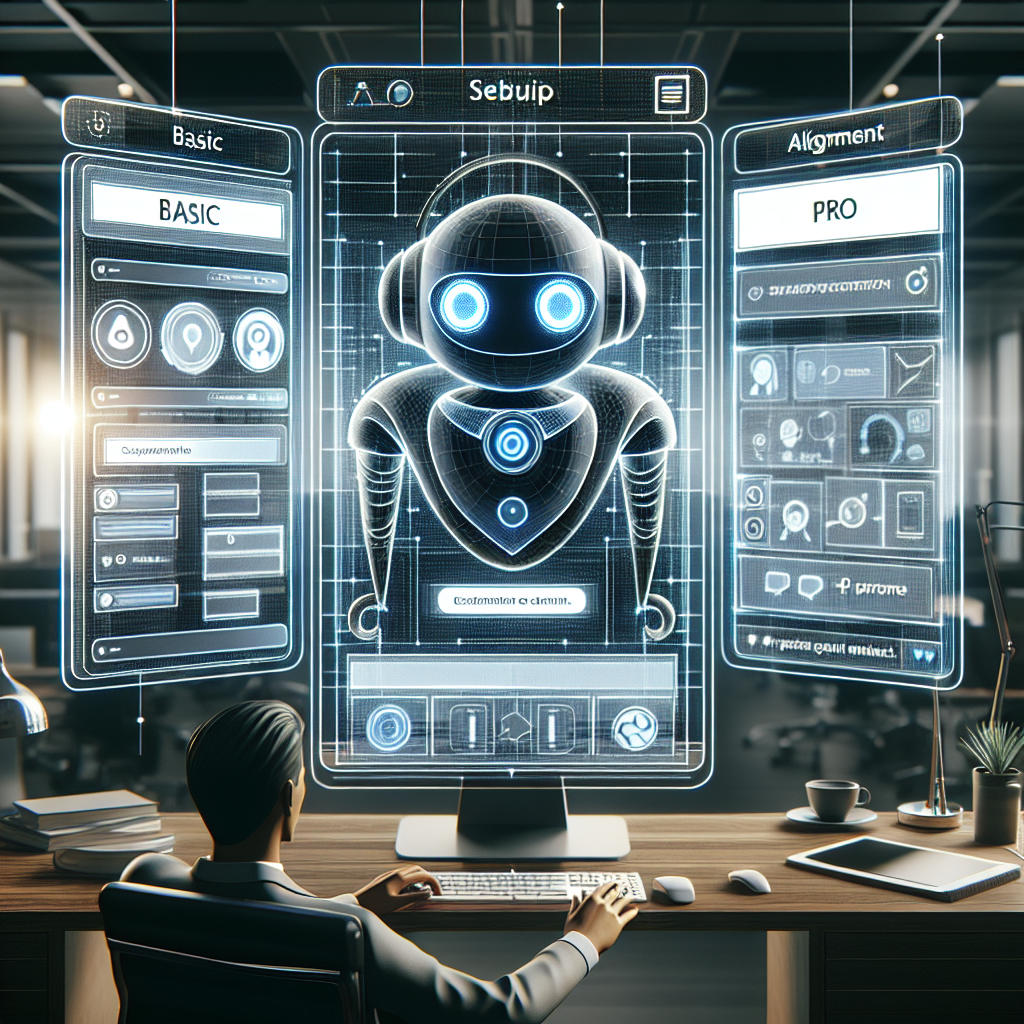 A person sitting at a desk interacts with a futuristic holographic display showing a humanoid robot with control panels and settings.