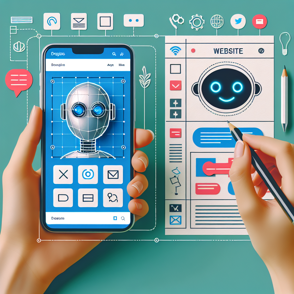 Illustration of a person's hand holding a smartphone with a wireframe robot head on the screen, surrounded by various user interface design elements.