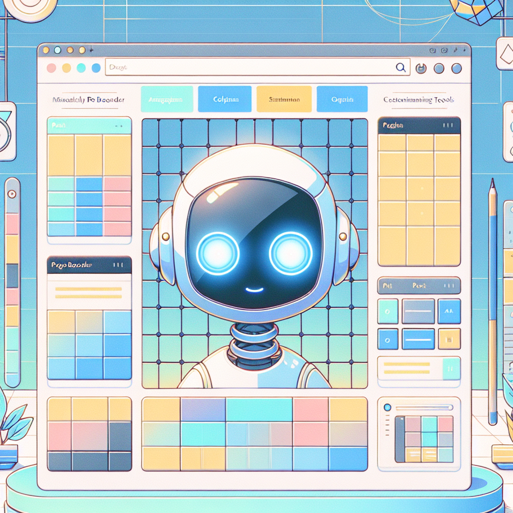 Digital illustration of a cheerful cartoon robot with glowing blue eyes sitting at a computer interface with various colorful panels and buttons surrounding it.