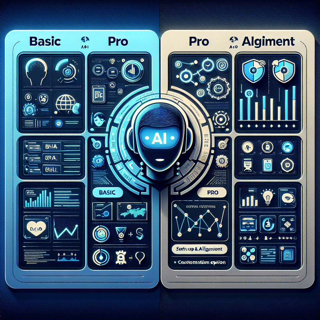 A futuristic graphical user interface concept featuring two panels labeled "Basic" and "Pro" with various icons and charts related to artificial intelligence and technology.