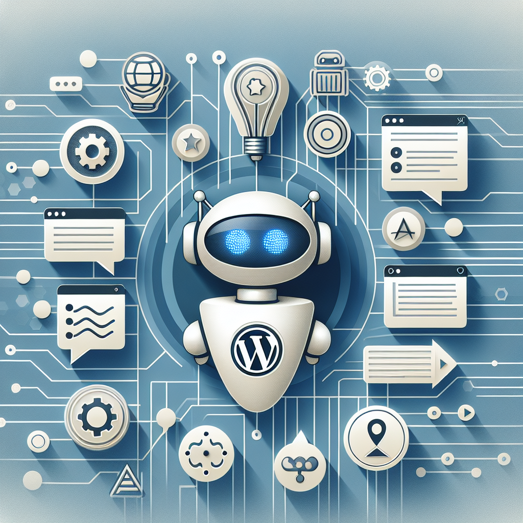 Illustrated robot with a Wordpress logo on its chest surrounded by various technology and internet related icons linked by circuit-like lines.