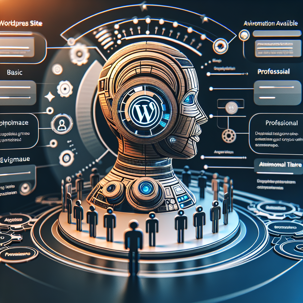 3D illustration of a robotic bust with a WordPress logo on the forehead amidst futuristic interface elements.