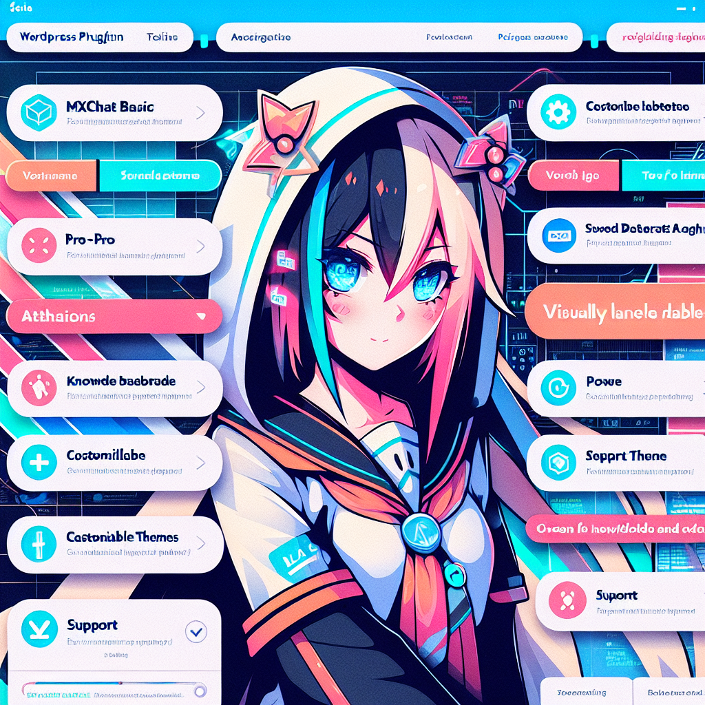 An anime-style digital illustration of a female character with vibrant blue eyes, surrounded by a colorful, futuristic interface with various icons and text bubbles.