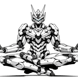 A black and white illustration of a detailed, humanoid robotic suit with intricate armor design, seated in a relaxed pose.