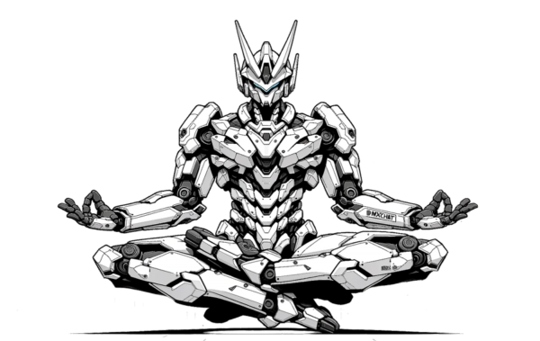 A black and white illustration of a detailed, humanoid robotic suit with intricate armor design, seated in a relaxed pose.