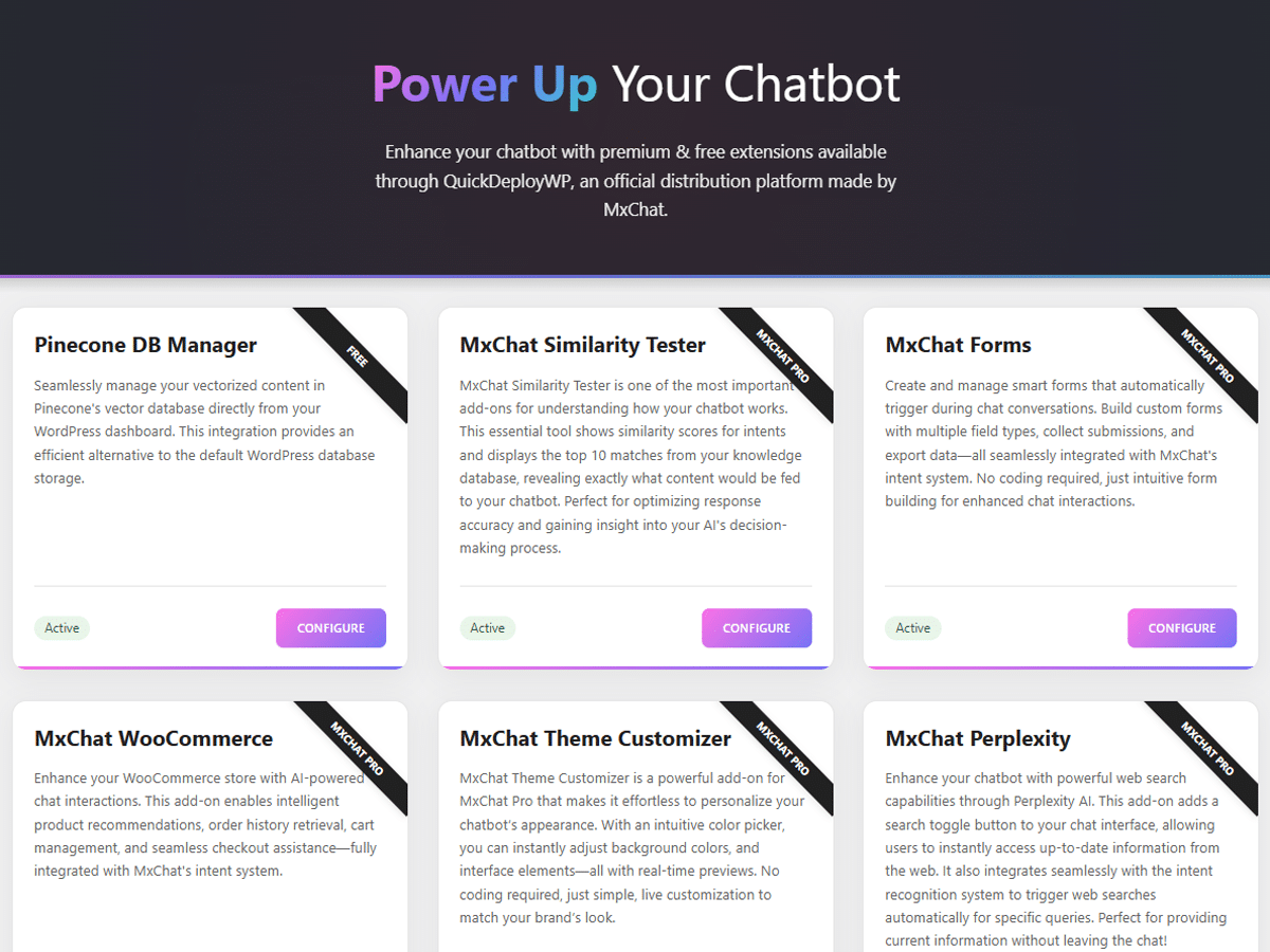 Add-ons marketplace showing available extensions for MxChat