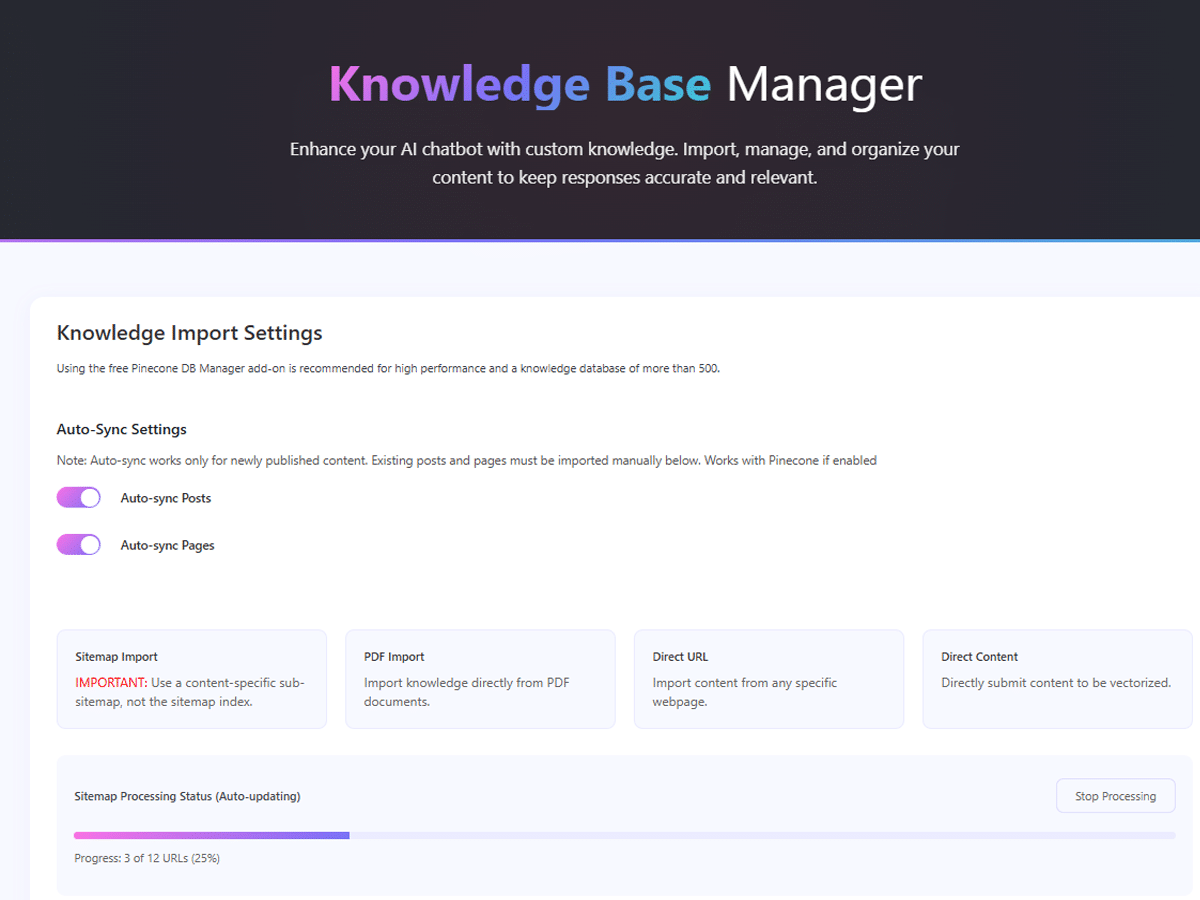Knowledge Base Manager interface for training your AI with company information