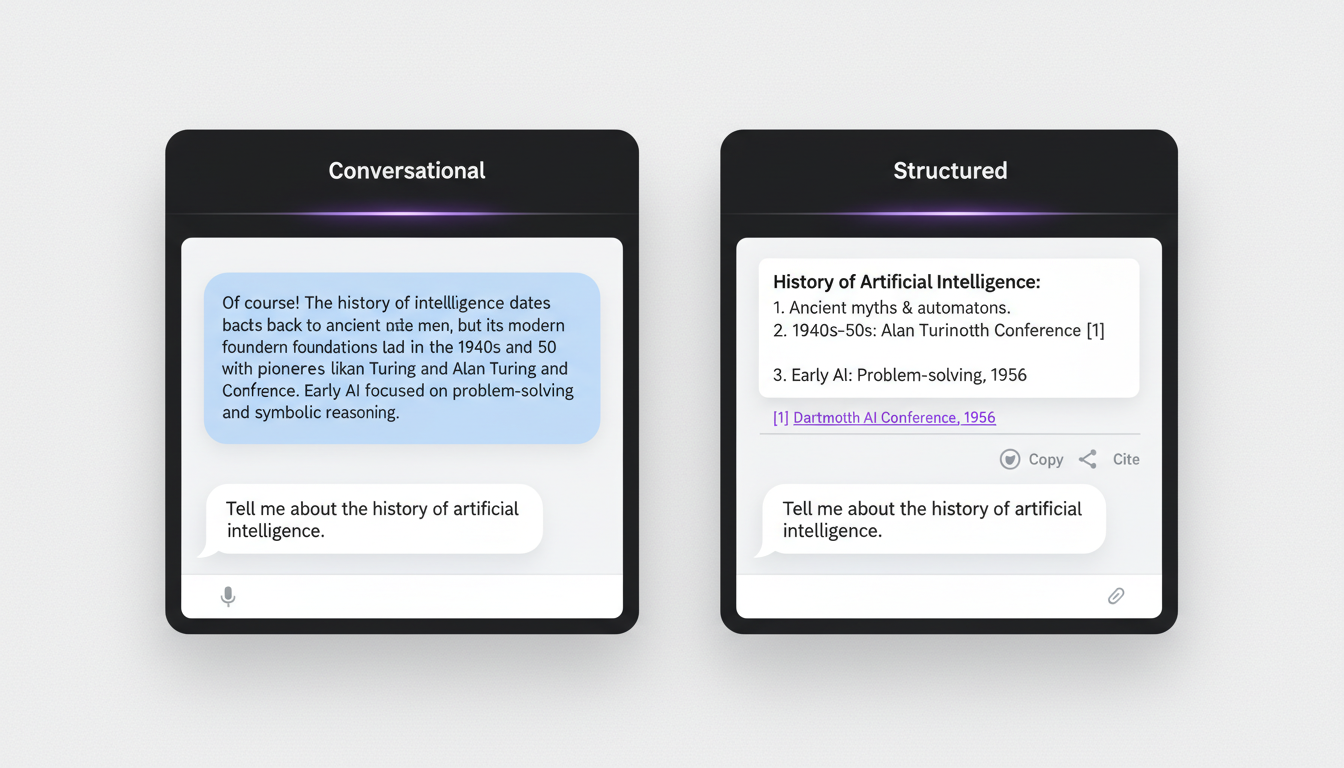 Side-by-side comparison of Conversational and Structured response modes in MxChat Perplexity