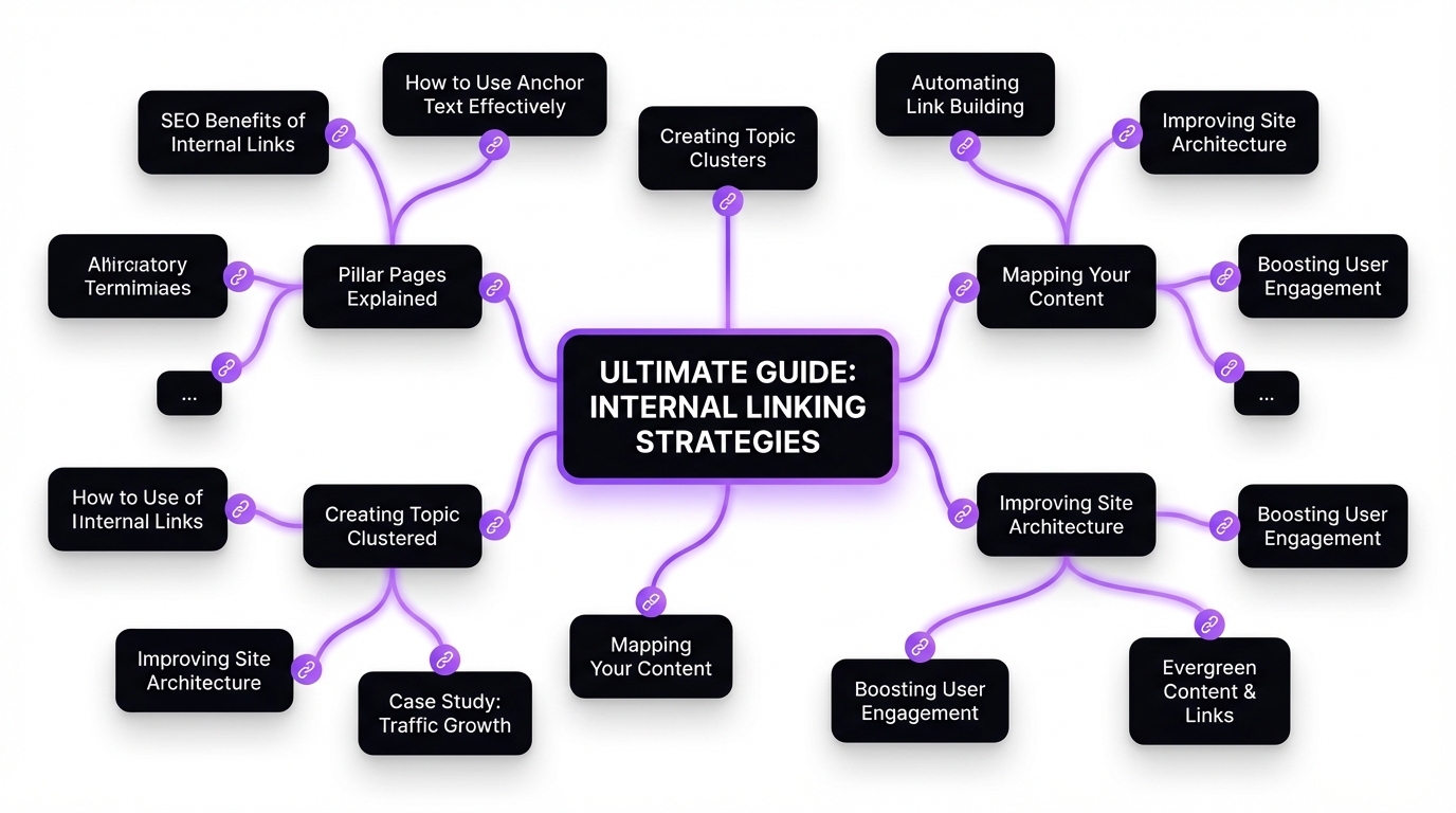 Network diagram showing intelligent internal linking between blog posts with purple connection lines