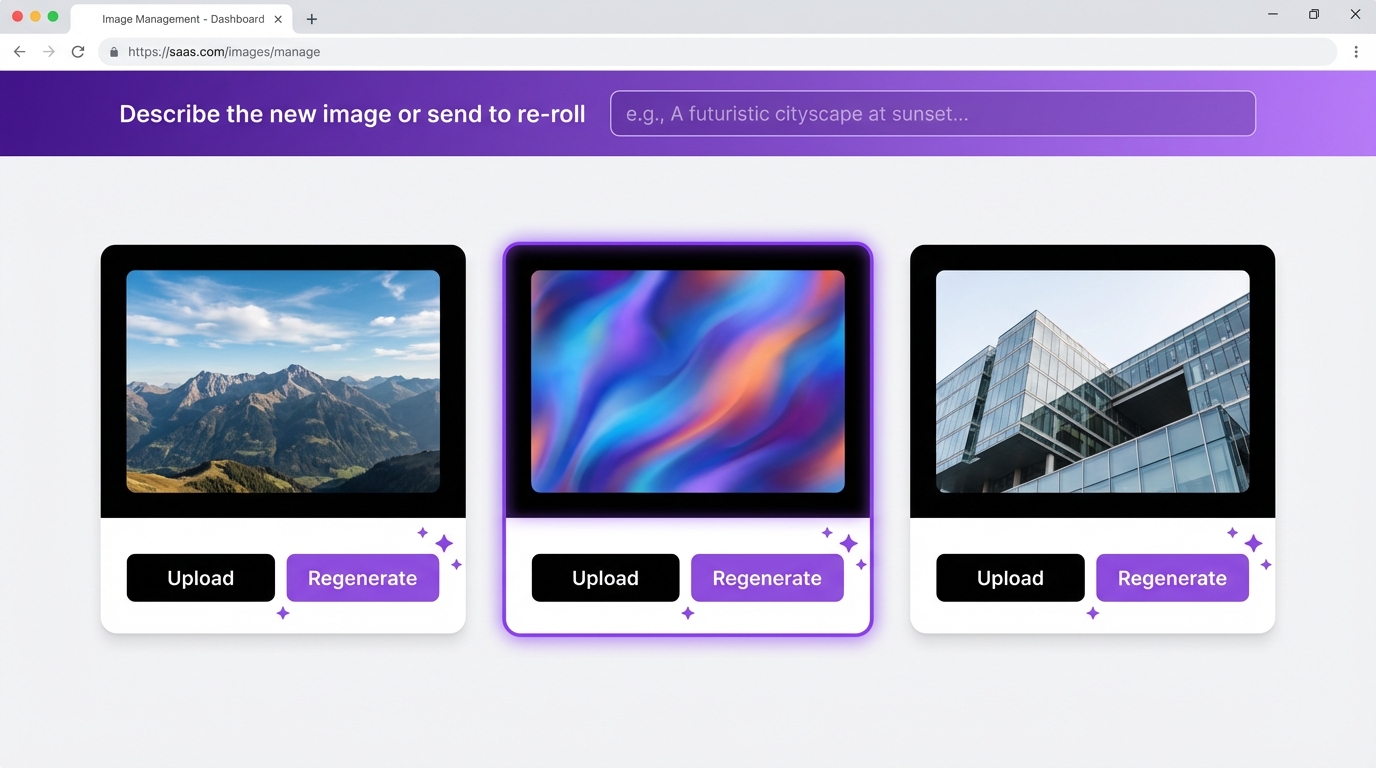Image management panel showing upload and regenerate controls for AI-generated images with purple selection highlights