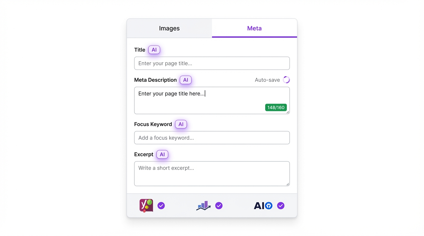 SEO meta management panel with editable title, meta description, focus keyword and excerpt fields with AI generation buttons and SEO plugin sync indicators