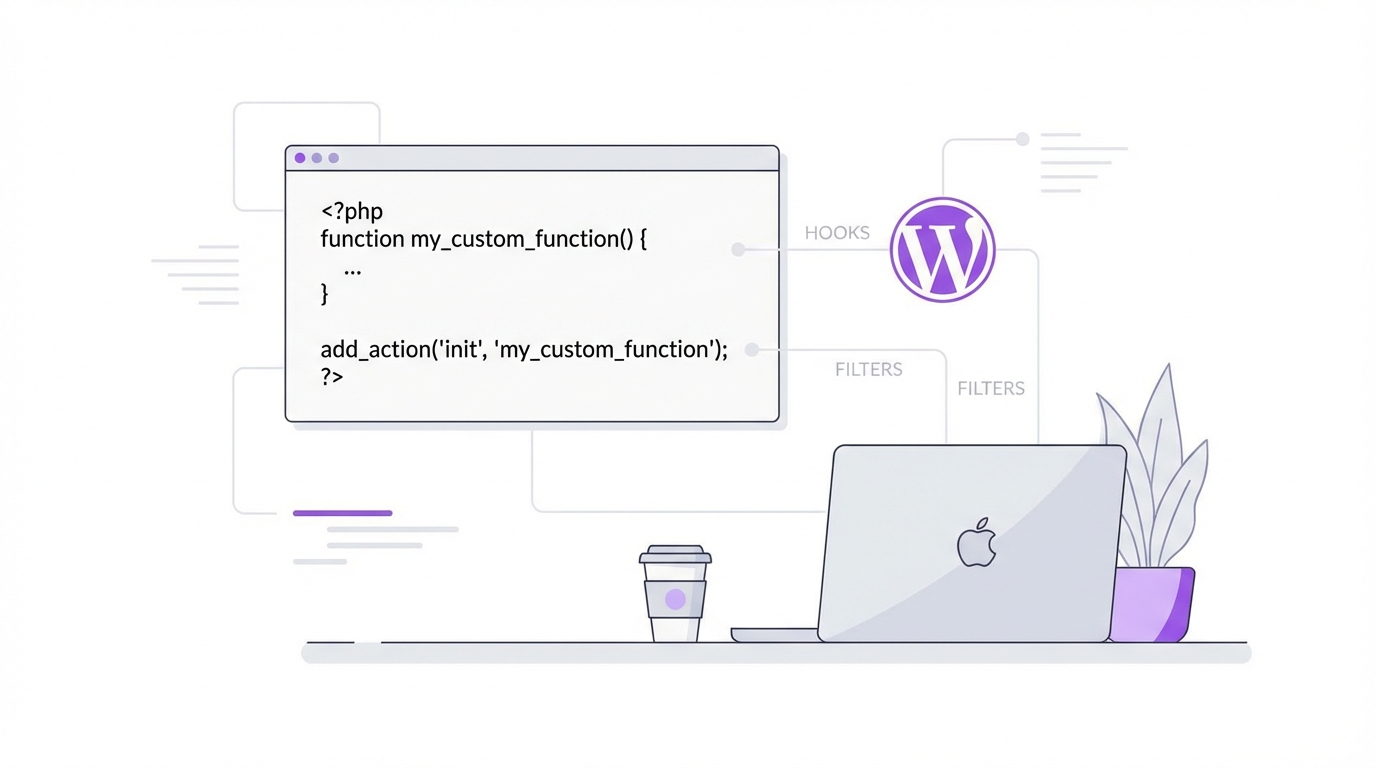 MxChat developer workspace with PHP code editor and WordPress hooks illustration