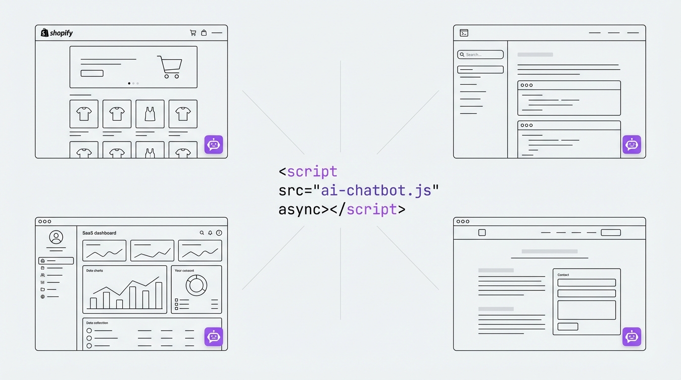 MxChat Anywhere deploys your AI chatbot on any website with a single script tag — Shopify, Wix, static HTML and more