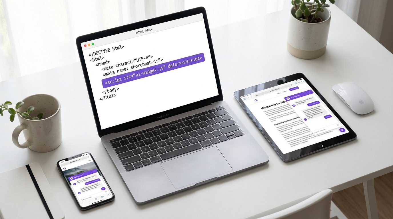 Developer's desk showing MxChat chatbot deployed across laptop, tablet, and smartphone on different websites