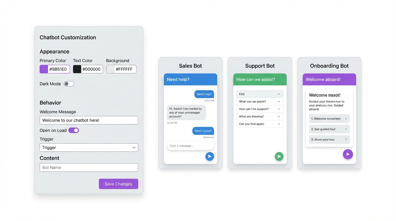 WordPress dashboard with chatbot customization controls and three different chatbot widget previews demonstrating multi-bot support