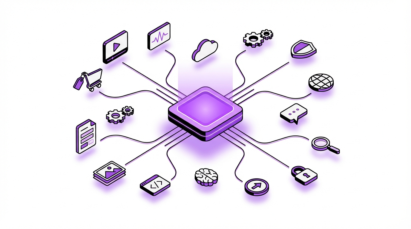 MxChat add-on ecosystem hub with 14 connected capability icons