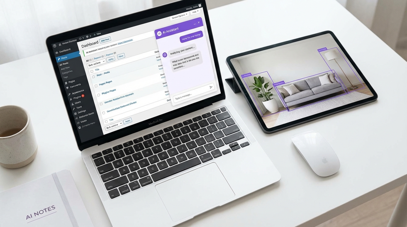 WordPress dashboard with AI chat interface and image analysis on tablet