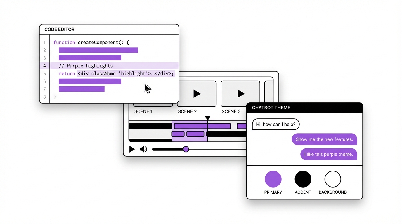 Content editor, video timeline, and theme preview panels