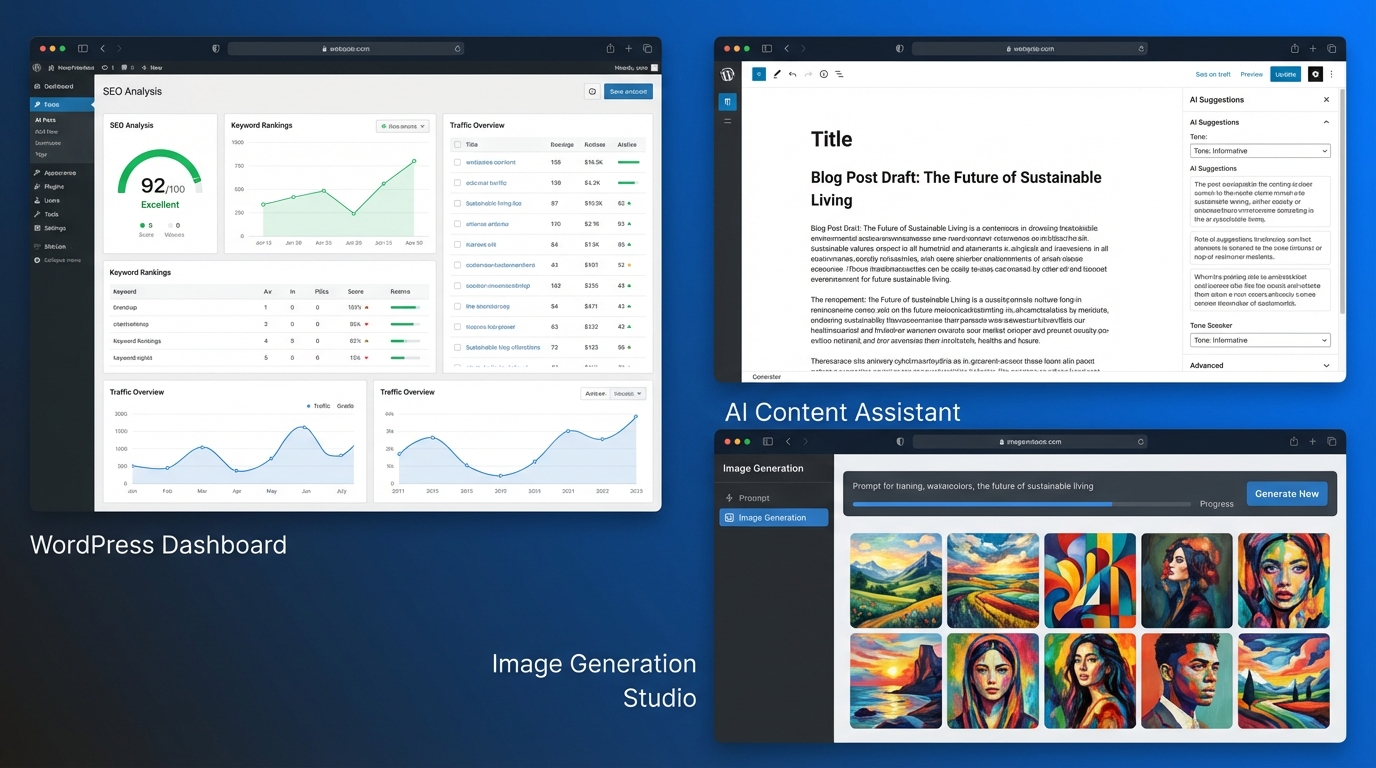 Split-screen showing WordPress dashboard with SEO analysis metrics, AI-generated blog content, and image generation interface