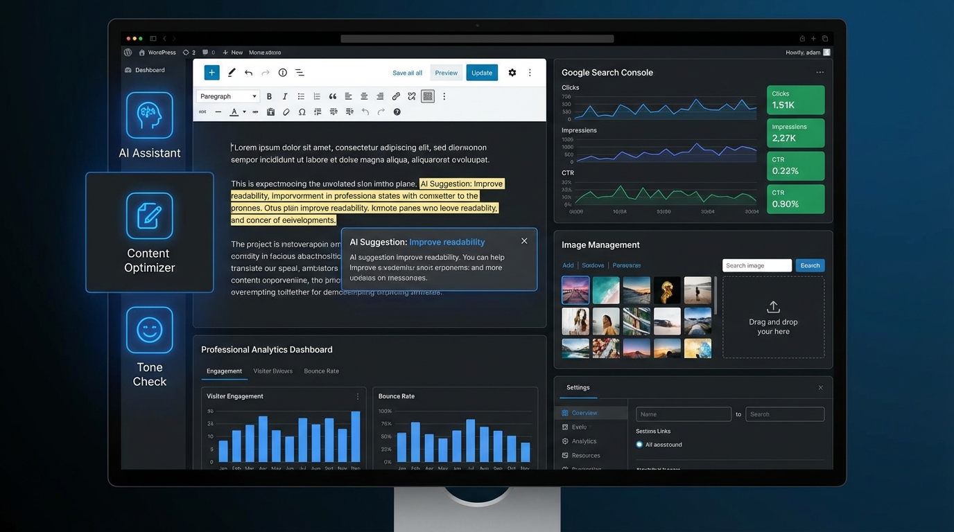 Advanced WordPress content editing interface showing AI-powered tools, Google Search Console data visualization, and professional analytics dashboard