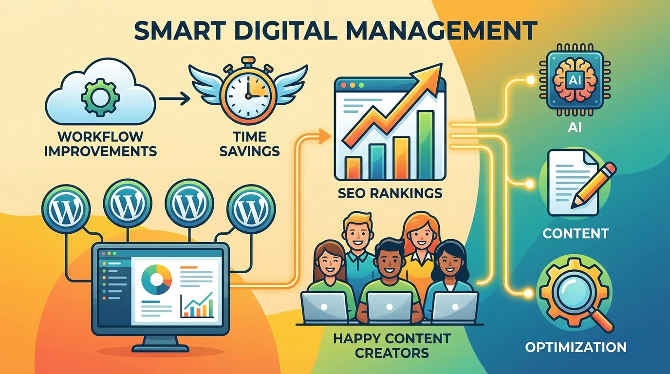 Infographic-style illustration showing workflow improvements, time savings, SEO rankings going up, happy content creators at work