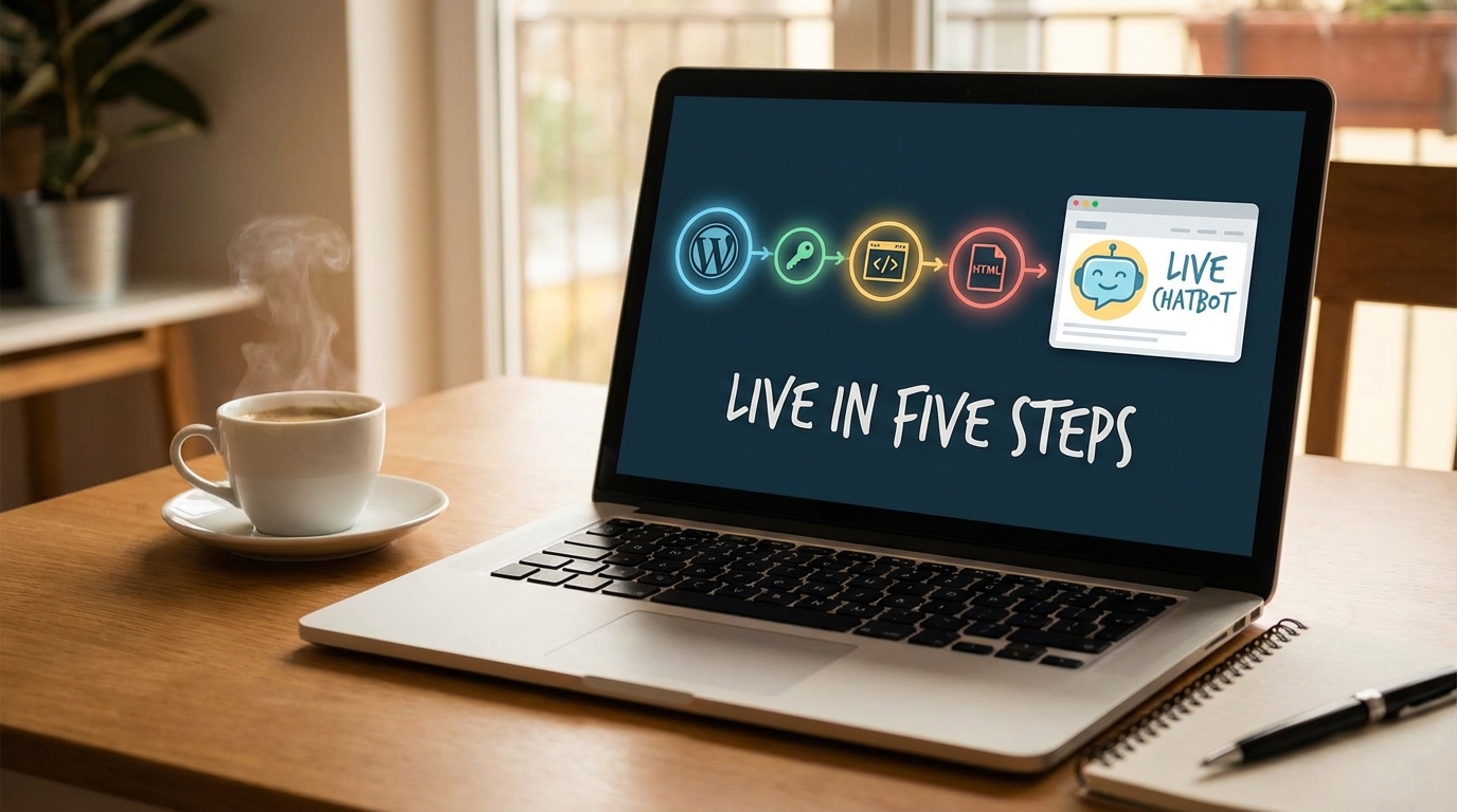 Five-step infographic showing the MxChat Anywhere setup process from install to live chatbot