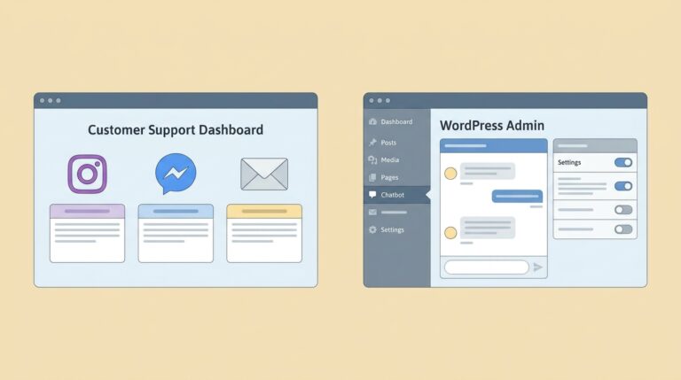 Tidio vs MxChat comparison: multi-channel SaaS dashboard alongside a WordPress admin panel with chatbot plugin