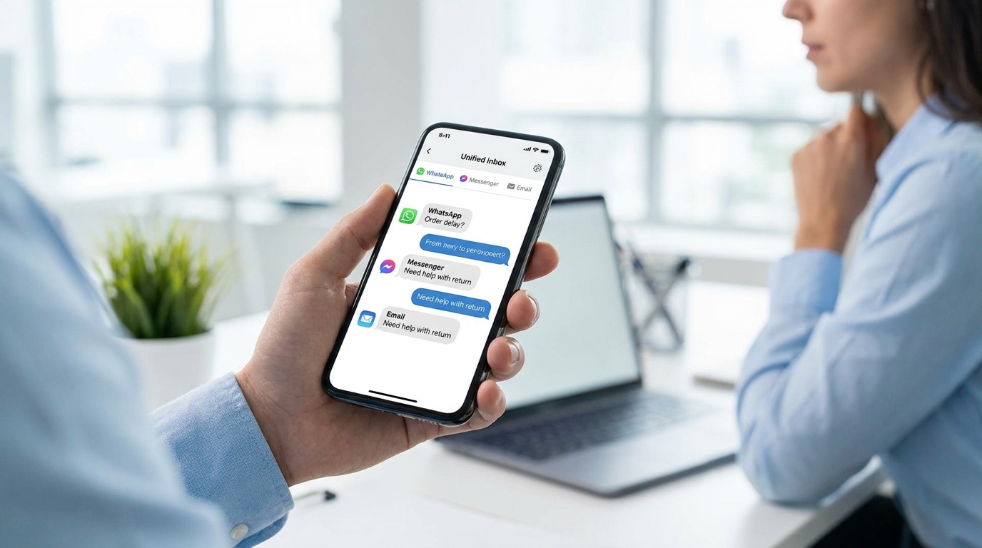 Customer support agent using a smartphone app showing a multi-channel inbox with chat conversations from different platforms