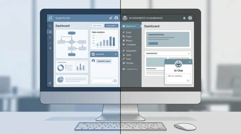 Split-screen comparison of Chatbot.com SaaS dashboard and MxChat WordPress admin panel side by side on a desktop monitor