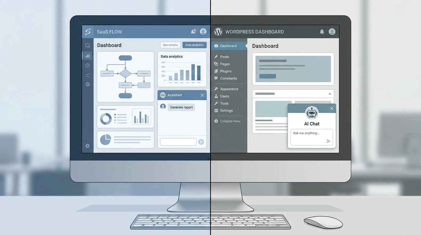 Split-screen comparison of Chatbot.com SaaS dashboard and MxChat WordPress admin panel side by side on a desktop monitor