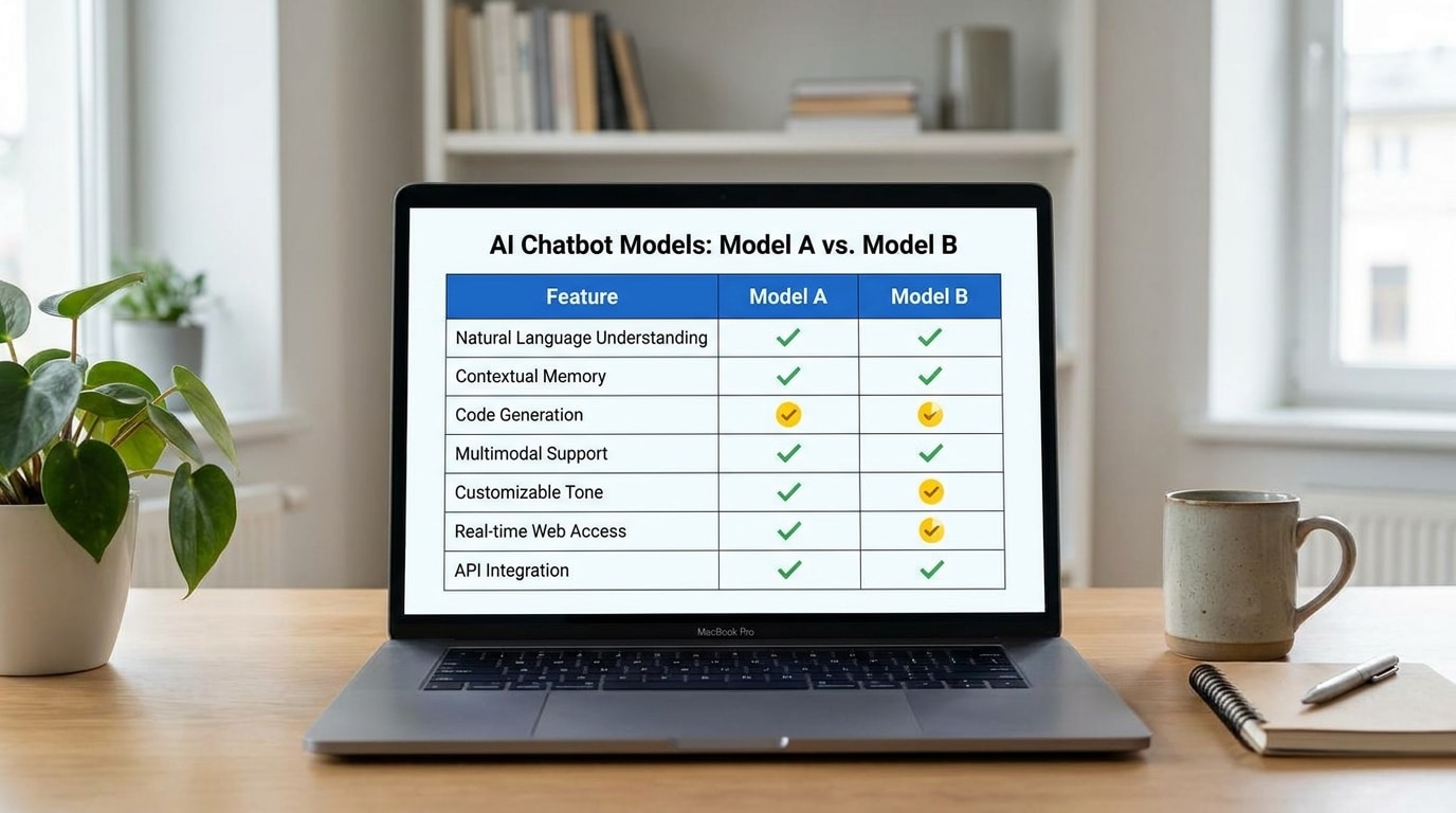 Side-by-side feature comparison chart on a laptop screen showing chatbot platform capabilities with checkmarks in a home office setting