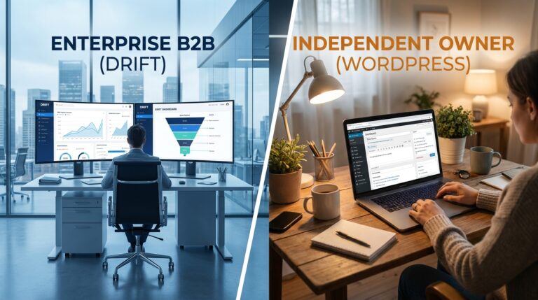Split-screen comparison showing enterprise CRM dashboards representing Drift on the left and a WordPress dashboard on a laptop representing MxChat on the right
