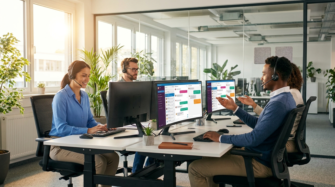 Professional customer support team of three agents working at modern workstations with multi-window chat dashboards