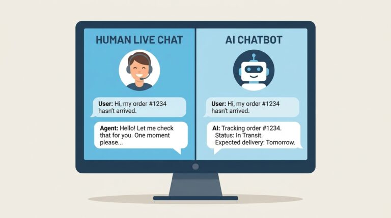 Split-screen illustration comparing a human live chat interface with an AI chatbot interface on a desktop monitor
