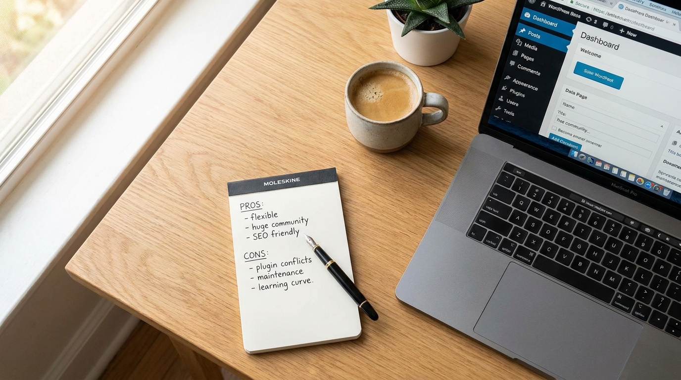 Overhead shot of a wooden desk with a laptop showing a WordPress dashboard, a notepad with a pros and cons list, and a cup of coffee