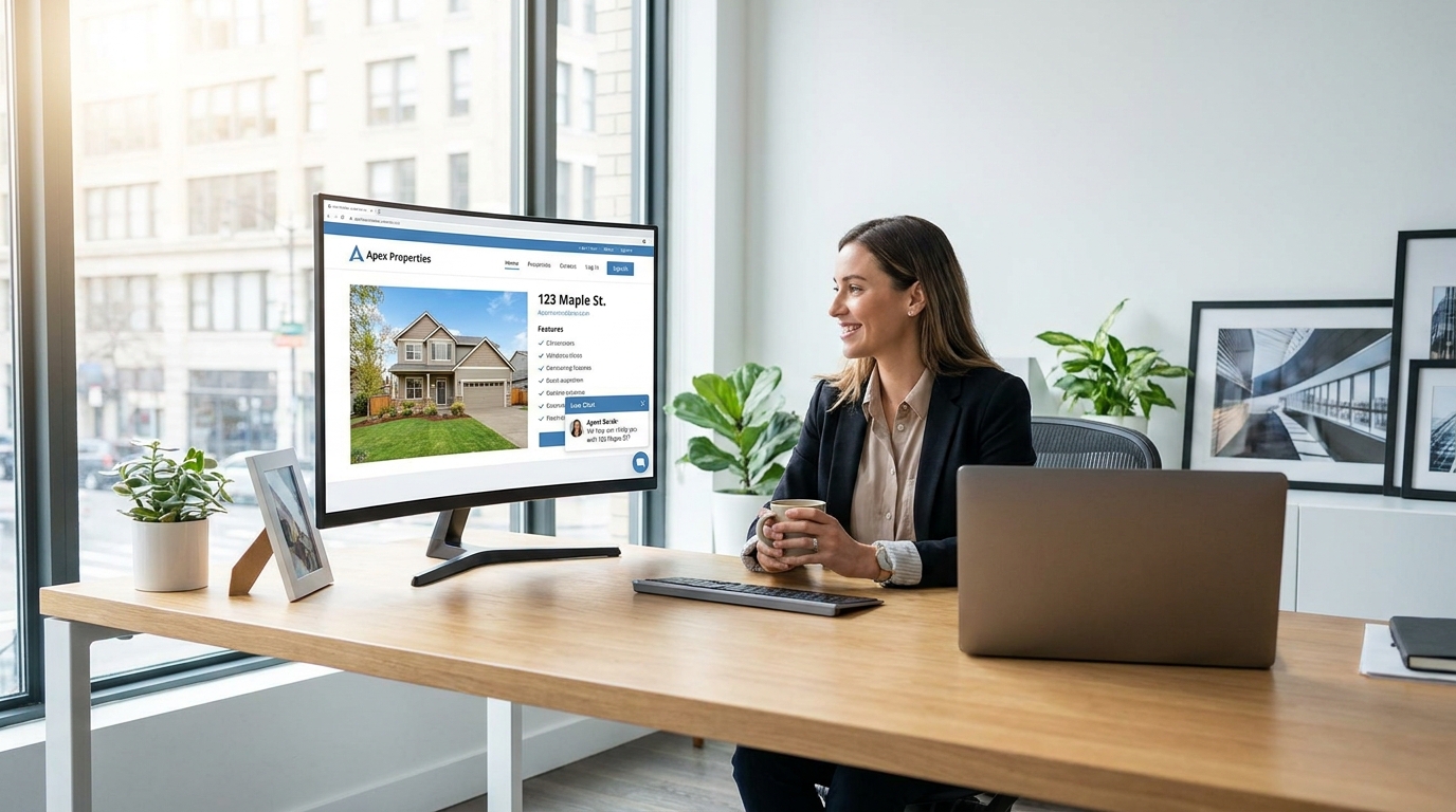 Real estate agent reviewing leads at a desktop showing a property listing website with a chat widget open